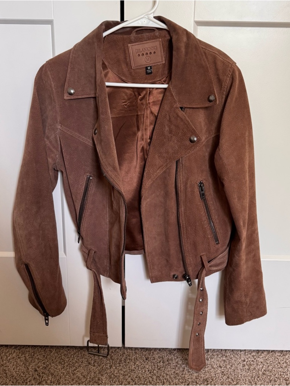 Blank NYC Brown Suede Moto Jacket with Belt